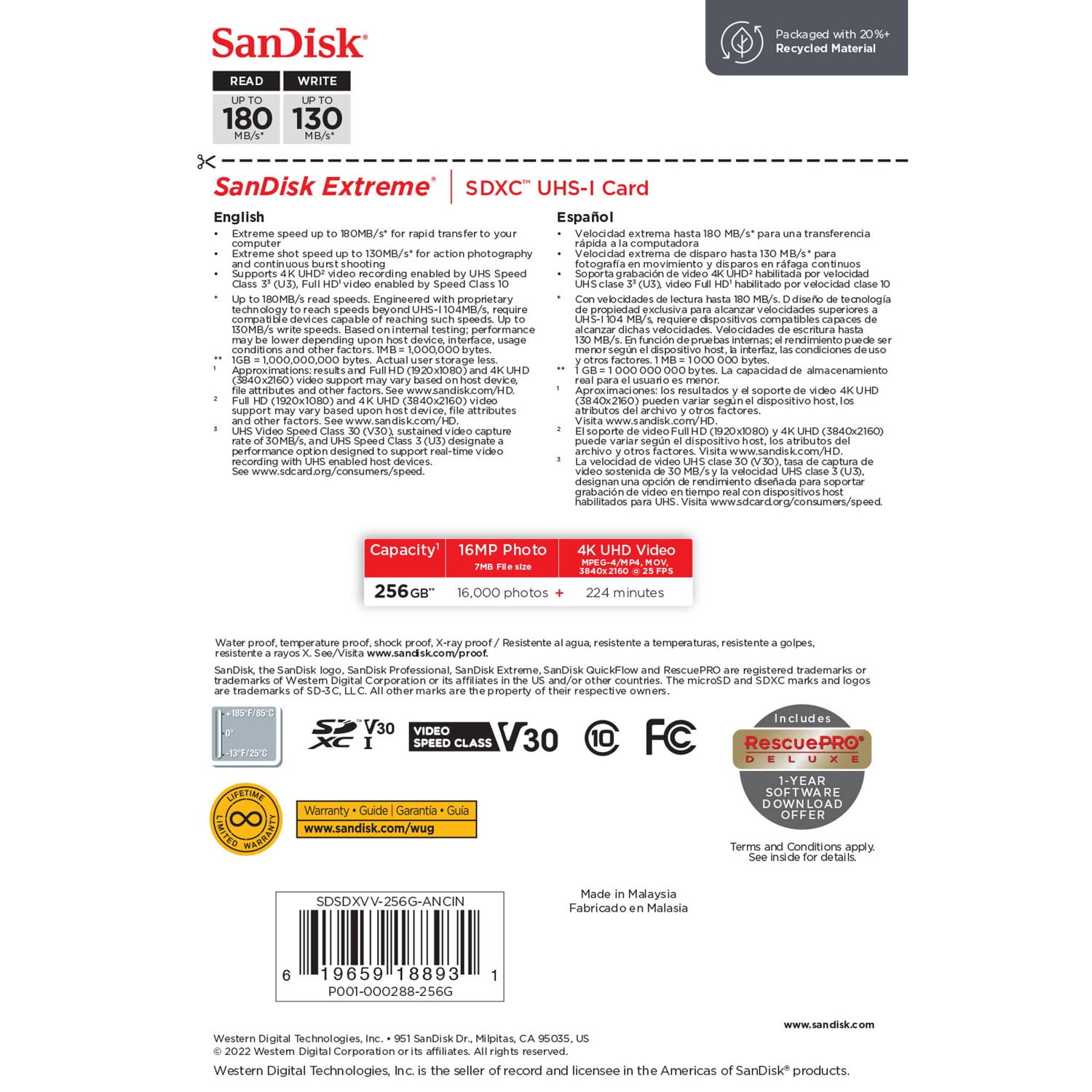 Carte Mémoire SanDisk 256 Go Extreme SDXC UHS-I