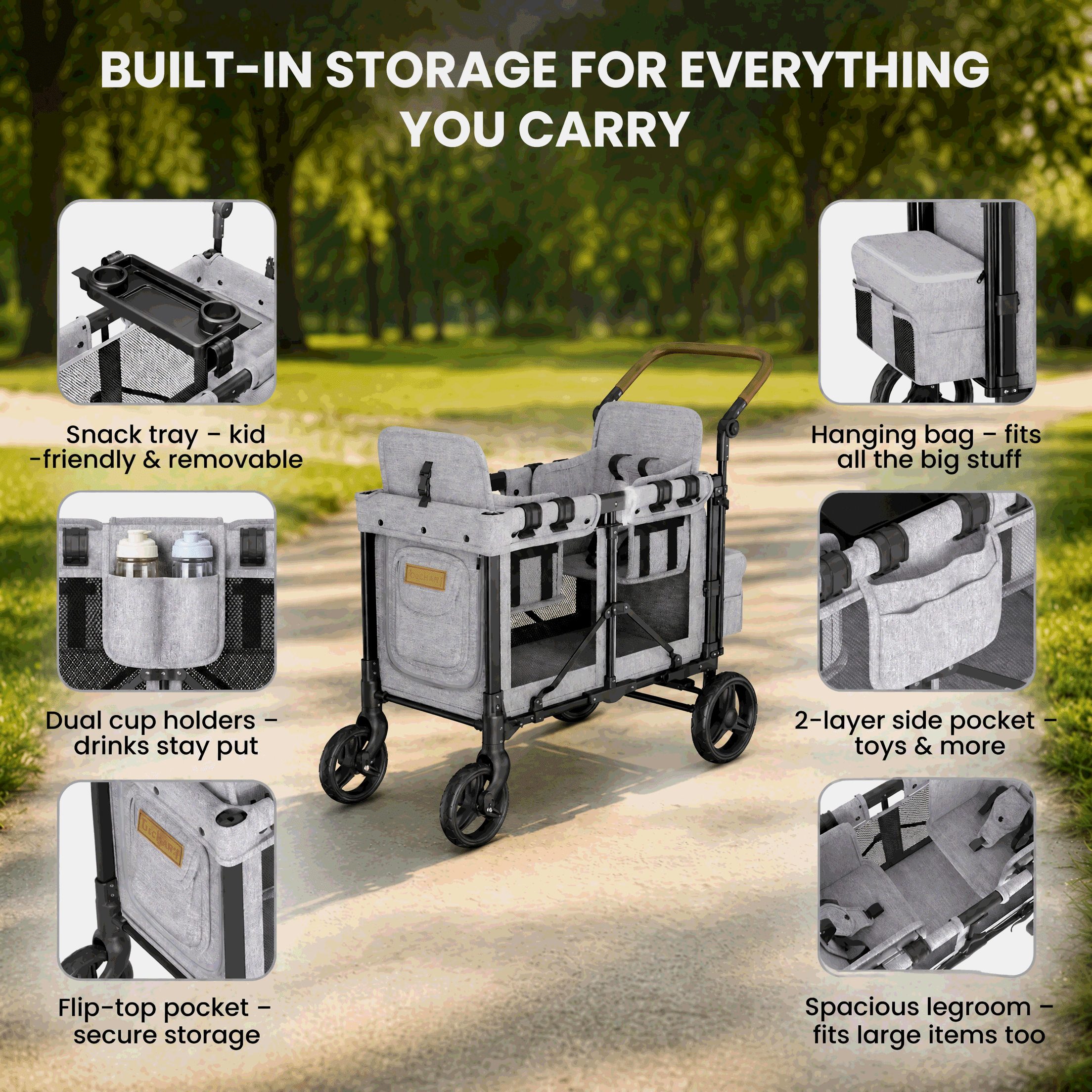 TouHeart 3-In-1 Wagon Stroller for 2 Kids, Foldable Stroller Wagon with Canopy, 5-Point Harness, Removable Reversible Seat, Grey（2026 Upgraded)