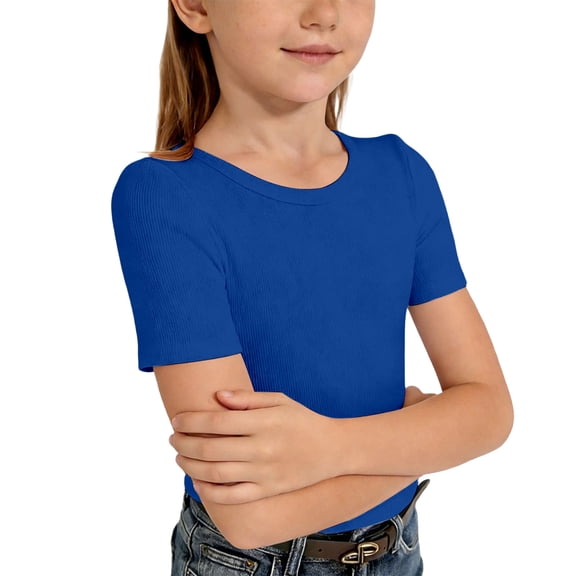 Ticikt Girls Short Sleeve Shirts Crewneck Ruched Side Slim Fit Tops Ribbed Knit Casual Tee Shirt Comfortable Everyday Wear,Color:Blue