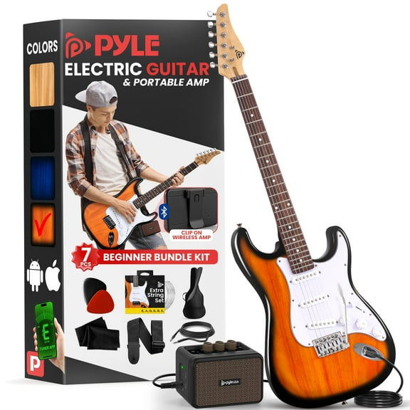 Pyle Full Size Electric Guitar Kit with 5W Amplifier, Gig Bag, Picks, Spare Strings, and Strap, ST-Style Beginner Guitar Bundle with 22 Frets, Paulownia Wood Body, Natural Burst