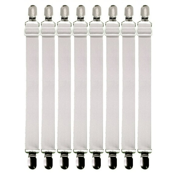 Set of 8 White Adjustable Elastic Sheet Tensioners with Metal Clips for Sheets, Mattress, Ironing Board or Sofa White