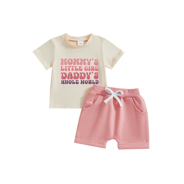 Gupgi 2PCS Summer Toddler Baby Girl Clothes 0-3 Years Letter Print Short Sleeve T-Shirt Solid Color Drawstring Shorts