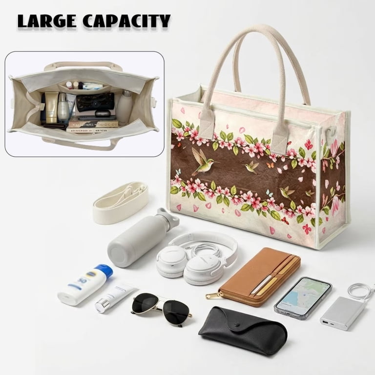 ZUXONGSY Hummingbird Cherry Blossom Print PVC Tote Bag Large
