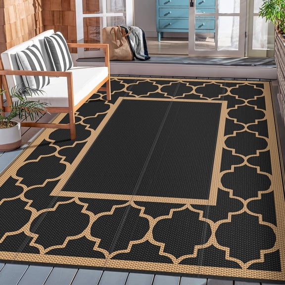DEORAB 5'x8' Outdoor Rugs Waterproof Reversible Plastic Straw Patio Outside Carpet Camping RV Mat,Black & Brown