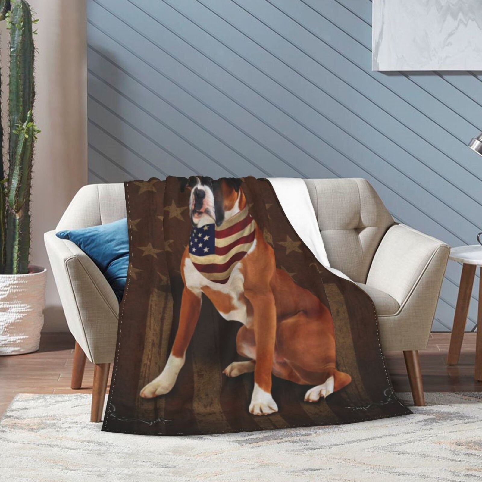 Wijzvio Boxer Dog With Vintage American Flag Throw Blanket Soft Fuzzy Fleece Blanket For Couch Bed Living Room Decoration 50"X40"