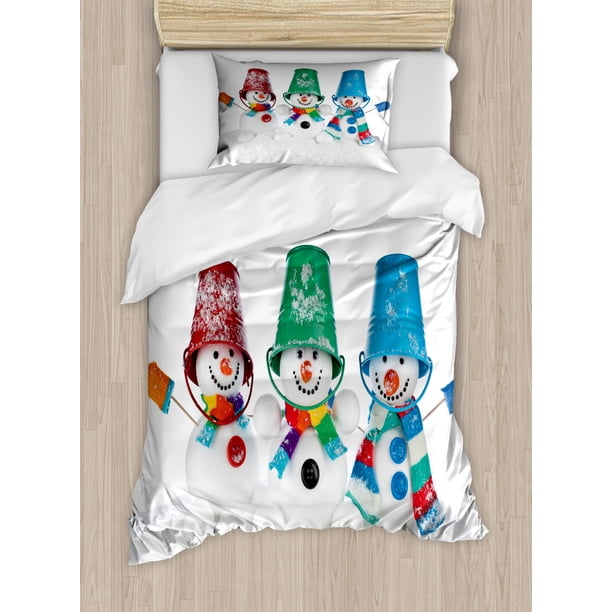 Snowman Duvet Cover Set Twin Size, Print of 3 Happy Snow Elements in