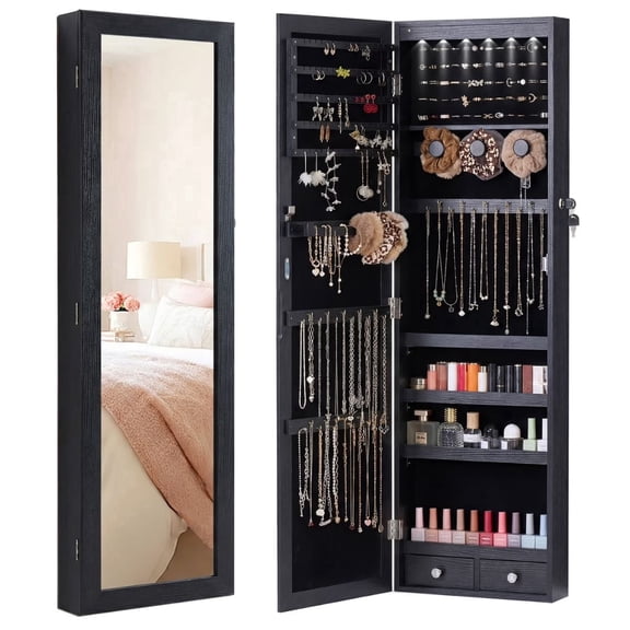 Jewelry Armoire with 6 LEDs Mirror, Mirror with Storage, Lockable Jewelry Storage for Wall or Door Mounted, Black