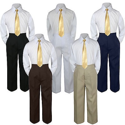 

3pc Mustard Yellow Tie Suit Shirt Pants Set Baby Boy Toddler Kid Uniform S-7
