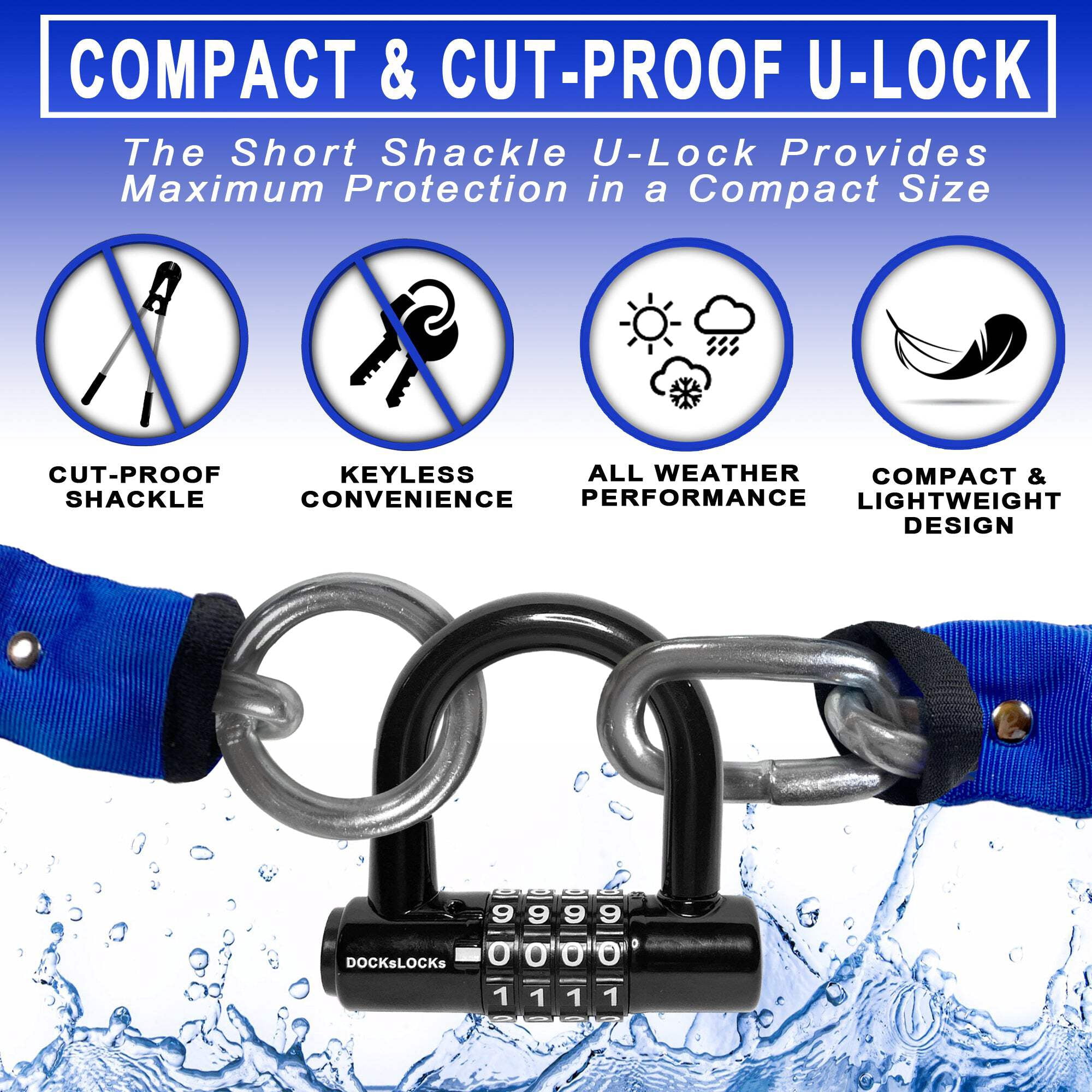 DocksLocks 3ft Heavy Duty Cinch Style Weatherproof Security Chain with Compact U-Lock - Anti-Theft, Cut Resistant, Durable Chain for Bicycles and more - 3.3 lbs