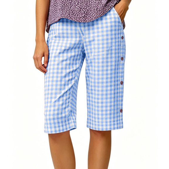 jjayotai Women's Casual Summer Bermuda Shorts Plaid Elastic Waist Shorts Button Deco Knee Length Long Shorts with Pockets