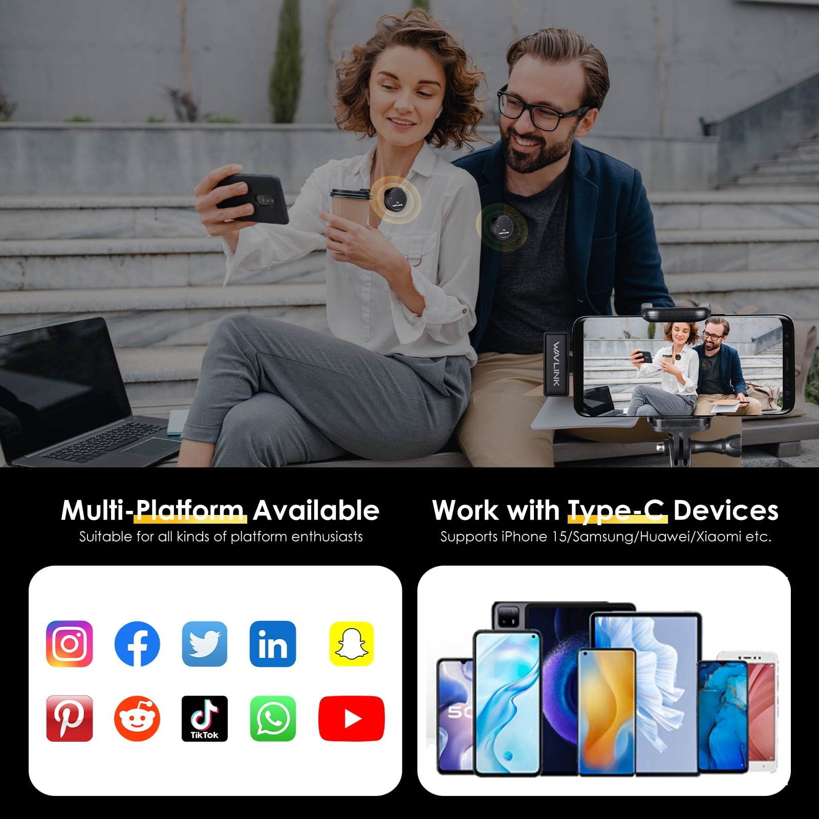 WAVLINK Wireless Microphone, Dual Wireless Mic with USB Battery Case for phone Vlog/Video Recording