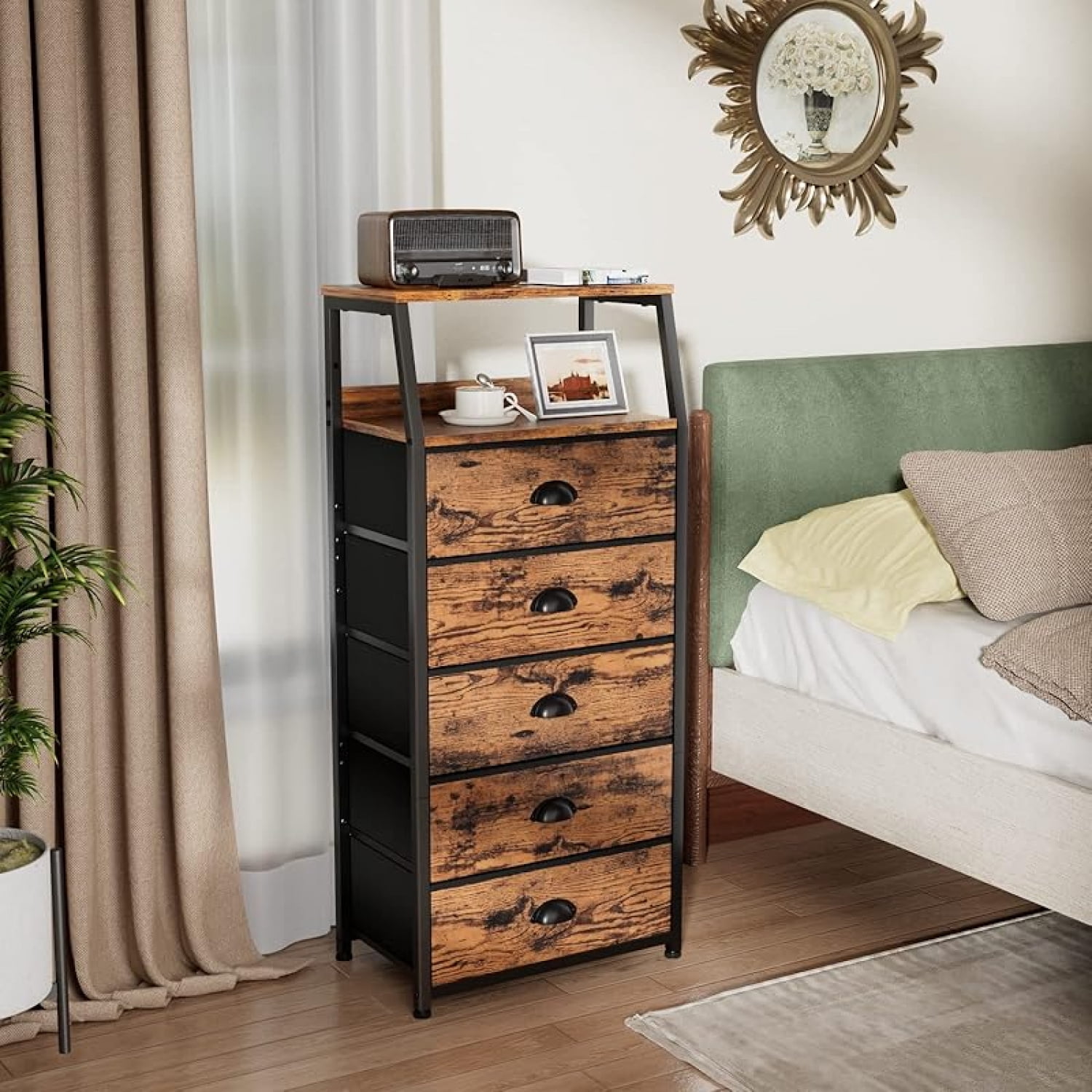 Tall 5Drawers Dresser, Vertical Storage Tower for Bedroom, Hallway, Entryway, Nursery, Closet Organizer, Nightstand Bedside Table Furniture, Sturdy Steel Frame, Wood Top