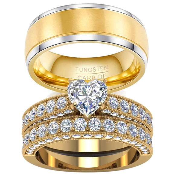 Ringheart Couple Rings Heart 1.5ct CZ Yellow Gold Plated Women Wedding Ring Sets for Him and Her Rings Tungsten steel Men Ring