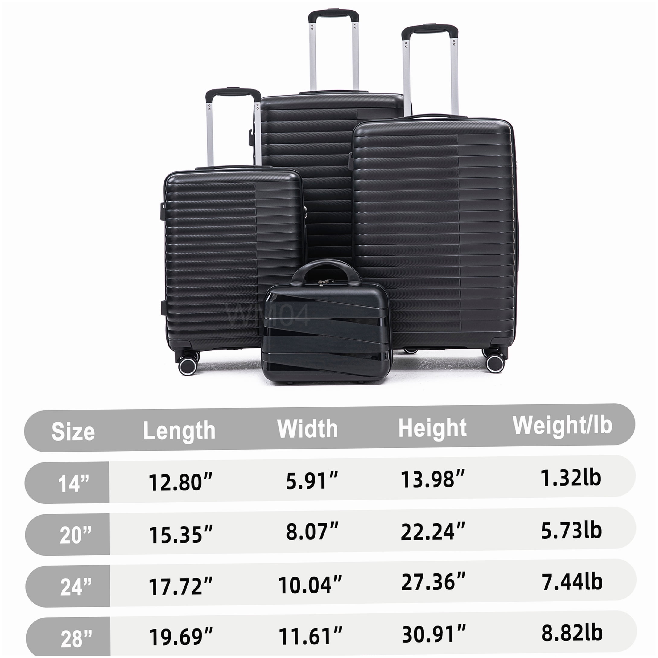 MANGIJOY Polypropylene Spinner Luggage 4-Piece Set, Black Carry-On and Checked Suitcases with Combination Lock and Silent Wheels