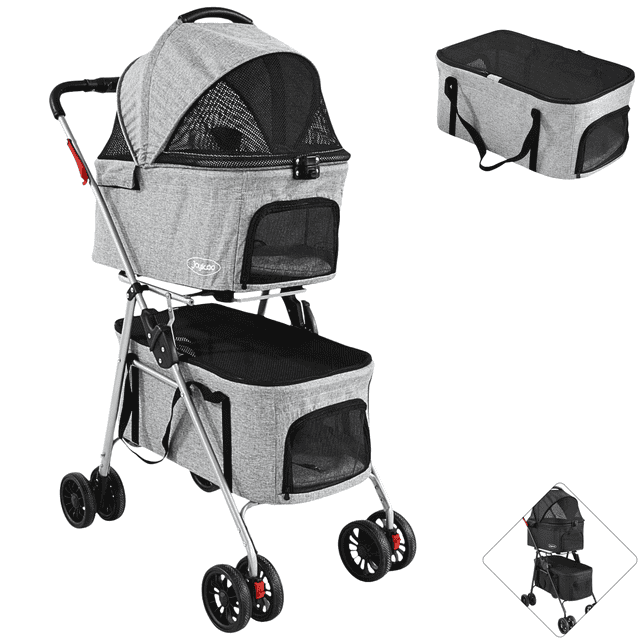 Carriola Doble para Mascotas Cochecito para Perros y Gatos Pequeños - Medianos Transportadora Ligera y Plegable Ruedas con Freno - Gris