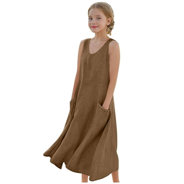 FAIWAD Robe d'Été en Coton et Lin pour Filles Sans Manches, Fluide, Robe Débardeur Ample pour Enfants avec Poches