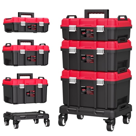 3-Tier Stackable & Connectable Rolling Tool Box with Lock | 17" Large Portable Tool Organizer System on Wheels for Garage & Professional Work