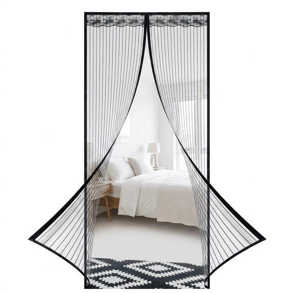 ROSEXIXI magnetic screen door 39x82 inches black striped lace mesh belt with magnet hands-free self closing fly proof door curtain suitable for courtyard balcony and home doors