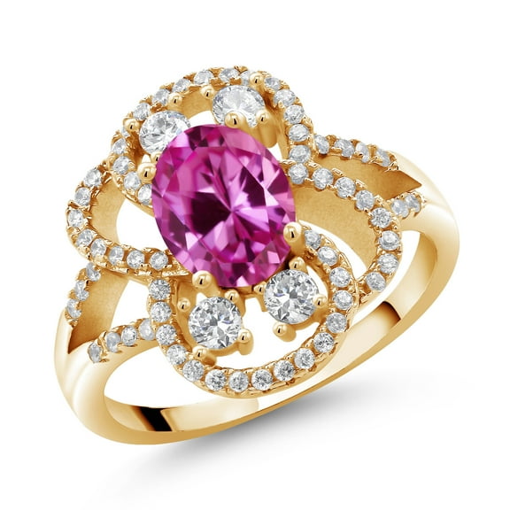 Gem Stone King 18K Yellow Gold Plated Silver Statement Ring Set with Oval Pink Created Sapphire (1.82 cttw) (Size 7)