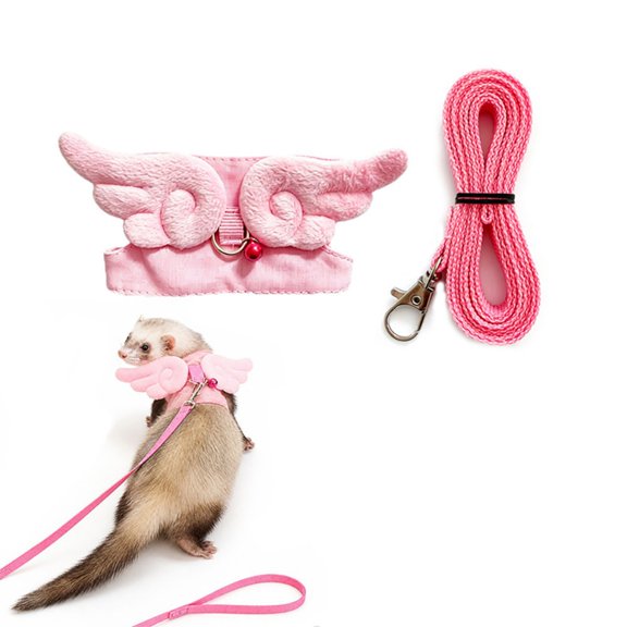 Pink Canvas Ferret Harness & Leash Set, Plush Angel Wings, 4 ft Nylon Leash for Small Pets