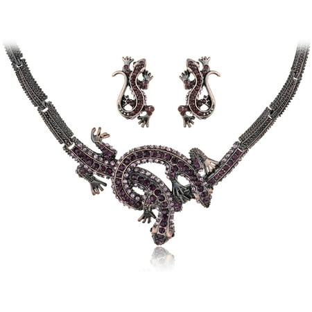 Twin Purple Crystal Rhinestone Lizard Reptile Pair Necklace Earring Set