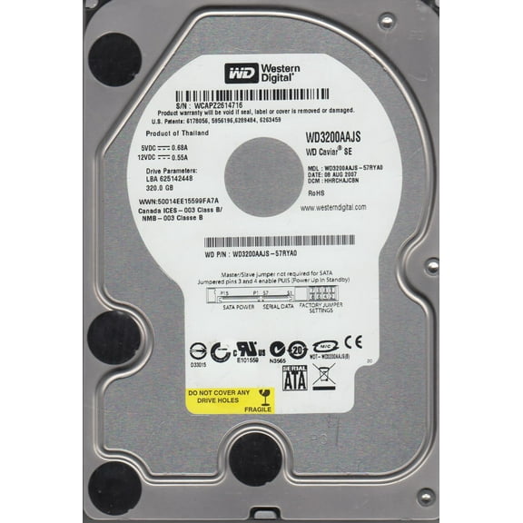WD3200AAJS-57RYA0, DCM HHRCHAJCBN, Western Digital 320GB SATA 3.5 Hard Drive