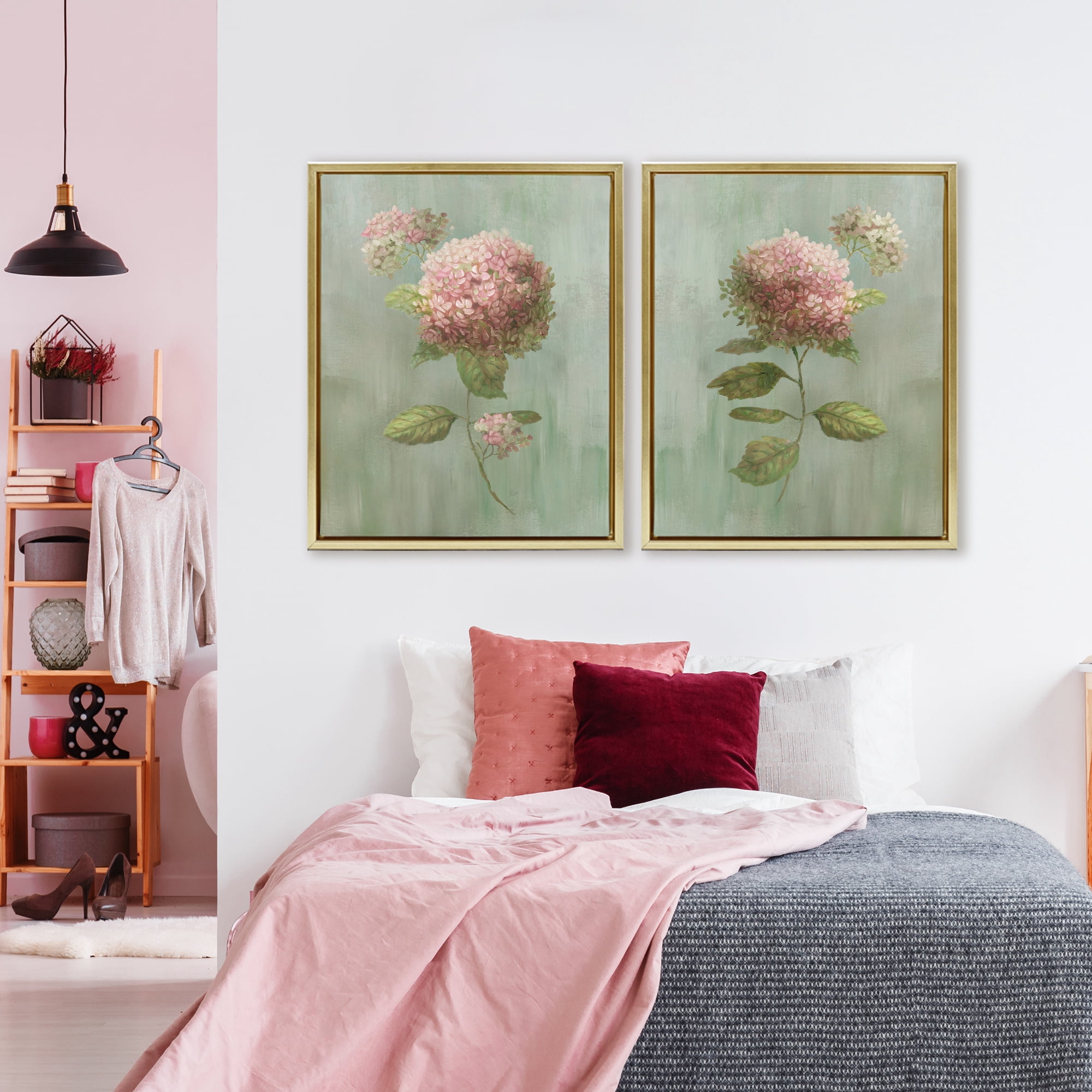 Stupell Industries Aged Pink Hydrangeas 2 Piece Gold Framed Floater Canvas Set, design by Nan