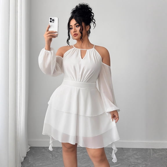 AURA Plus Size Off Shoulder Sweetheart Midi Dress Chiffon Ribbon Lantern Sleeve A Line Ruffle Party Wedding Guest Dress