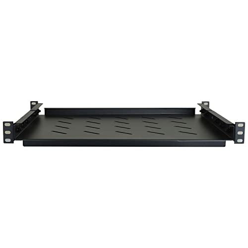 EAONS 1U Bastón de estantería fija de 19 pulgadas Ventrado 4 Post Rack Montaje Estante de montaje de 13.8 pulgadas Profundidad ajustable, para TI Equipador de gabinete de red de datos.