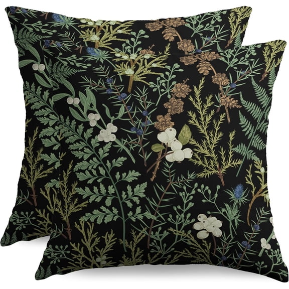 Botanical Print Floral Pillow Covers 18x18 Set of 2 Black Sage Green Spring Vintage Flower Plant Decorative Throw Pillow Cases Outdoor Farmhouse Decor for Sofa Couch Bed
