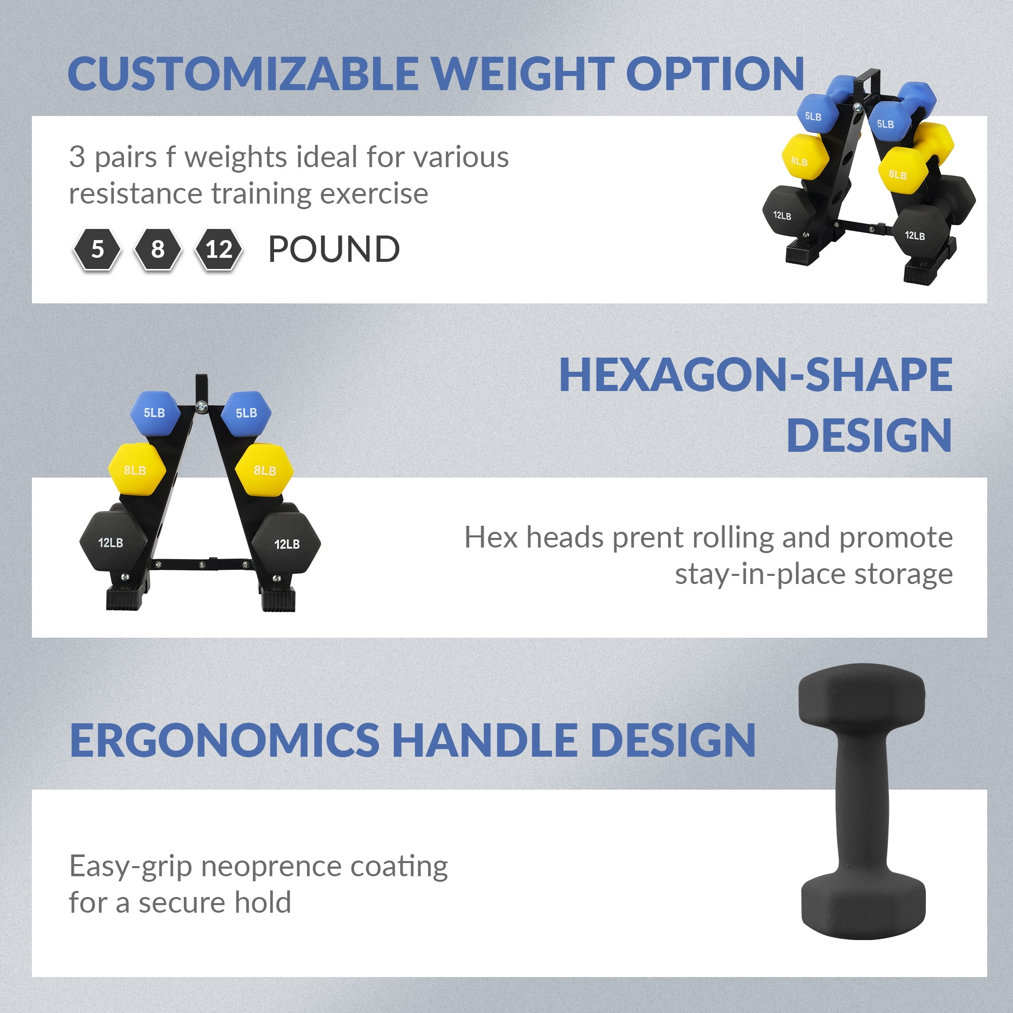 Signature Fitness Colorful Neoprene Dumbbell Set with Stand, 5lb 8lb 12lb Hand Weights for Home Gym