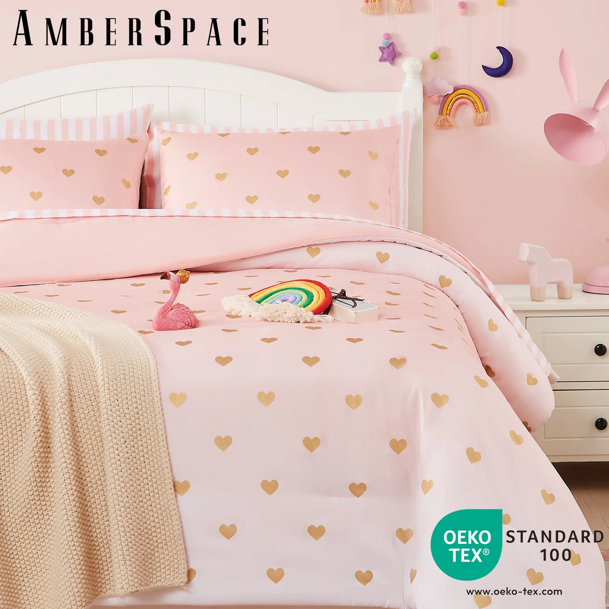 Amberspace gold foil Design 7-piece Bed in a Bag Comforter Set with Sheets,Pink Gold Heart,Queen