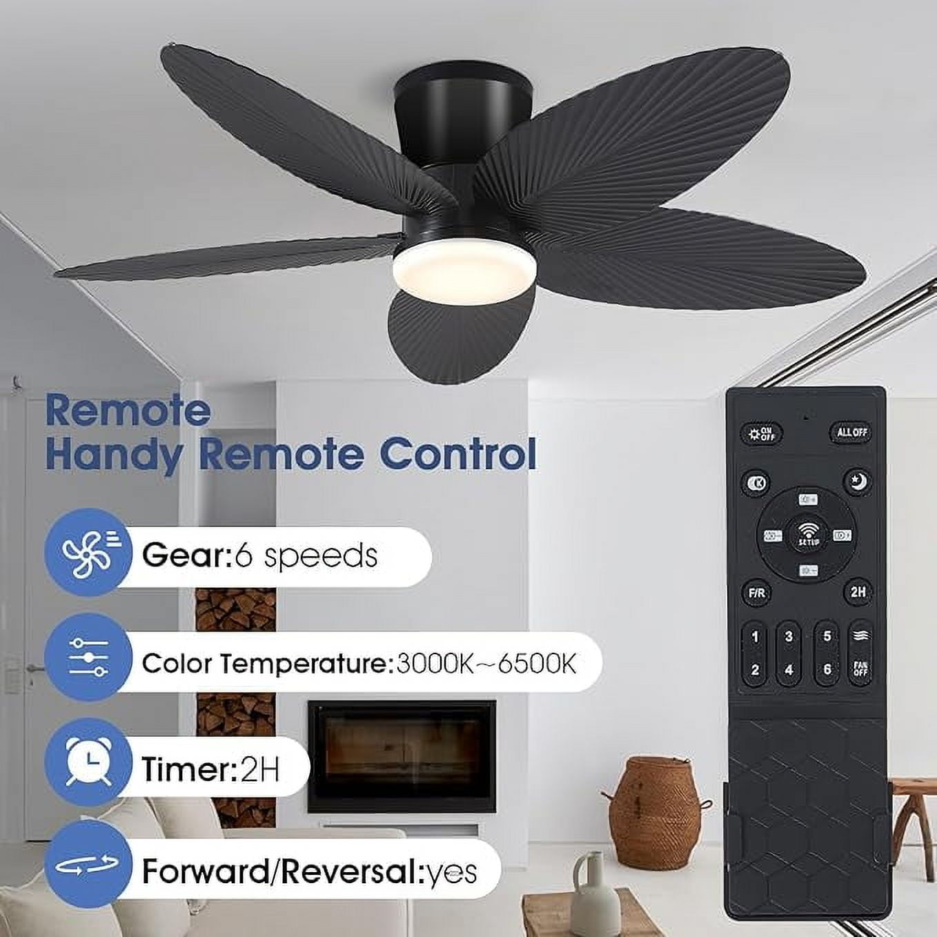 PHORUS 42'' Outdoor Ceiling Fan with Light and Remote,5 Palm Leaf Blades Ceiling Fan,Low Profile Tropical Energy Efficient Ceiling Fans for Outdoor,Indoor,Black