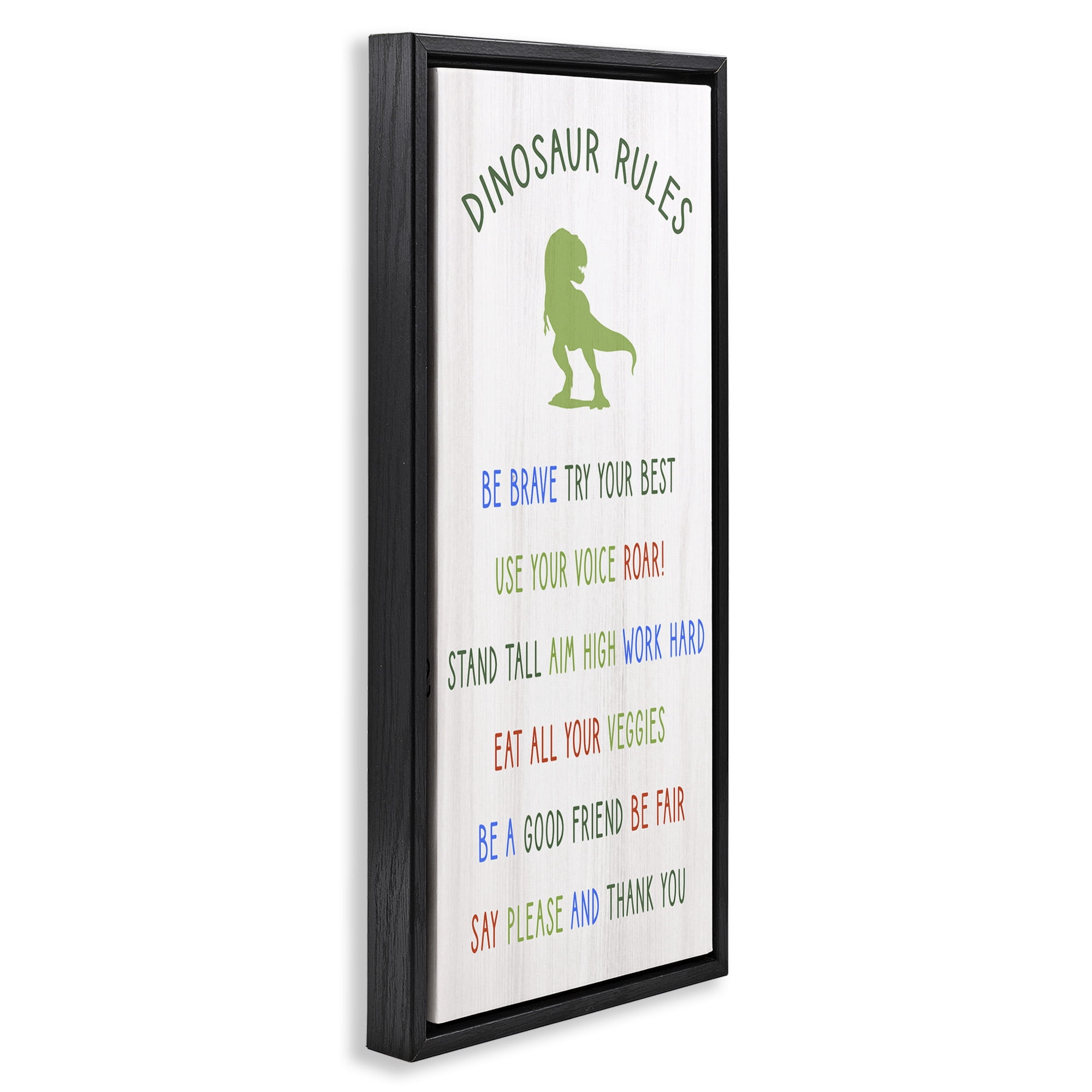 Stupell Industries Dinosaur Rules Kids List Inspirational Painting Black Floater Framed Canvas Art Print Wall Art, 15 x 31