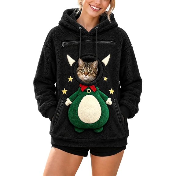 Christmas Pet Pouch Hoodie Santa Xmas Tree Sherpa Fleece Sweatshirts Fuzzy Hooded 3D Christmas Graphic Dog Cat Pet Carrier Design with Pockets Holiday Party Funny Xmas Hoodie