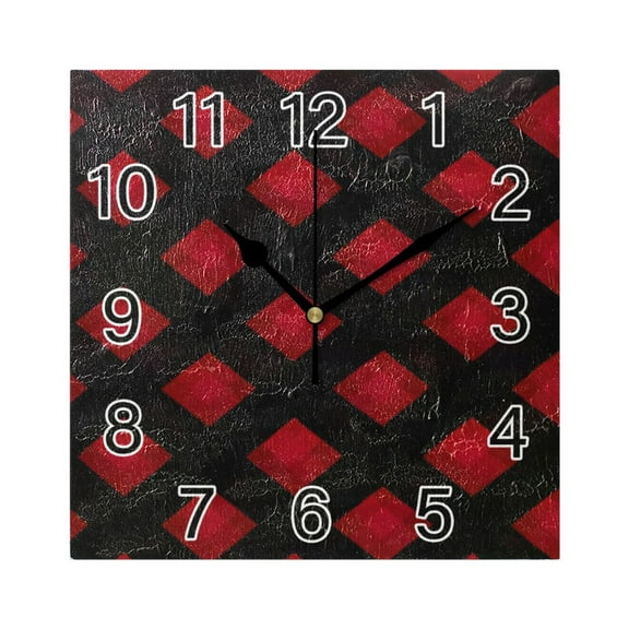 Ryvnso Red Checkered Black Wall Clock Square Silent Non-Ticking Battery Operated 7.78"