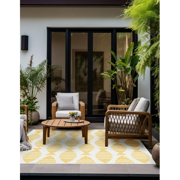 Unique Loom Outdoor Coastal Collection Area Rug - Pesci (7' 10" Square Yellow/Ivory)