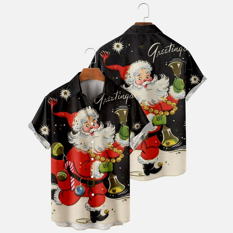 Mens Christmas Shirt Hawaiian Relaxed-Fit Short Sleeve Button Down Shirts  Santa Claus Print X-mas Vacation Top 