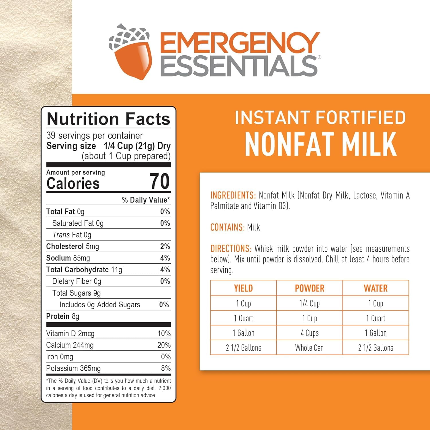 Emergency Essentials Fortified Instant Nonfat Dry Milk #10 Can, Freeze-Dried Instant Milk Powder, Emergency Bulk Food Cans, Long 20-Year Shelf Life