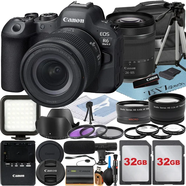 Canon EOS R6 Mark II Appareil Photo Sans Miroir avec Objectif RF 24-105mm + Lot de 2 Cartes Mémoire SanDisk 32 Go + Flash LED + Étui + Accessoire ZeeTech