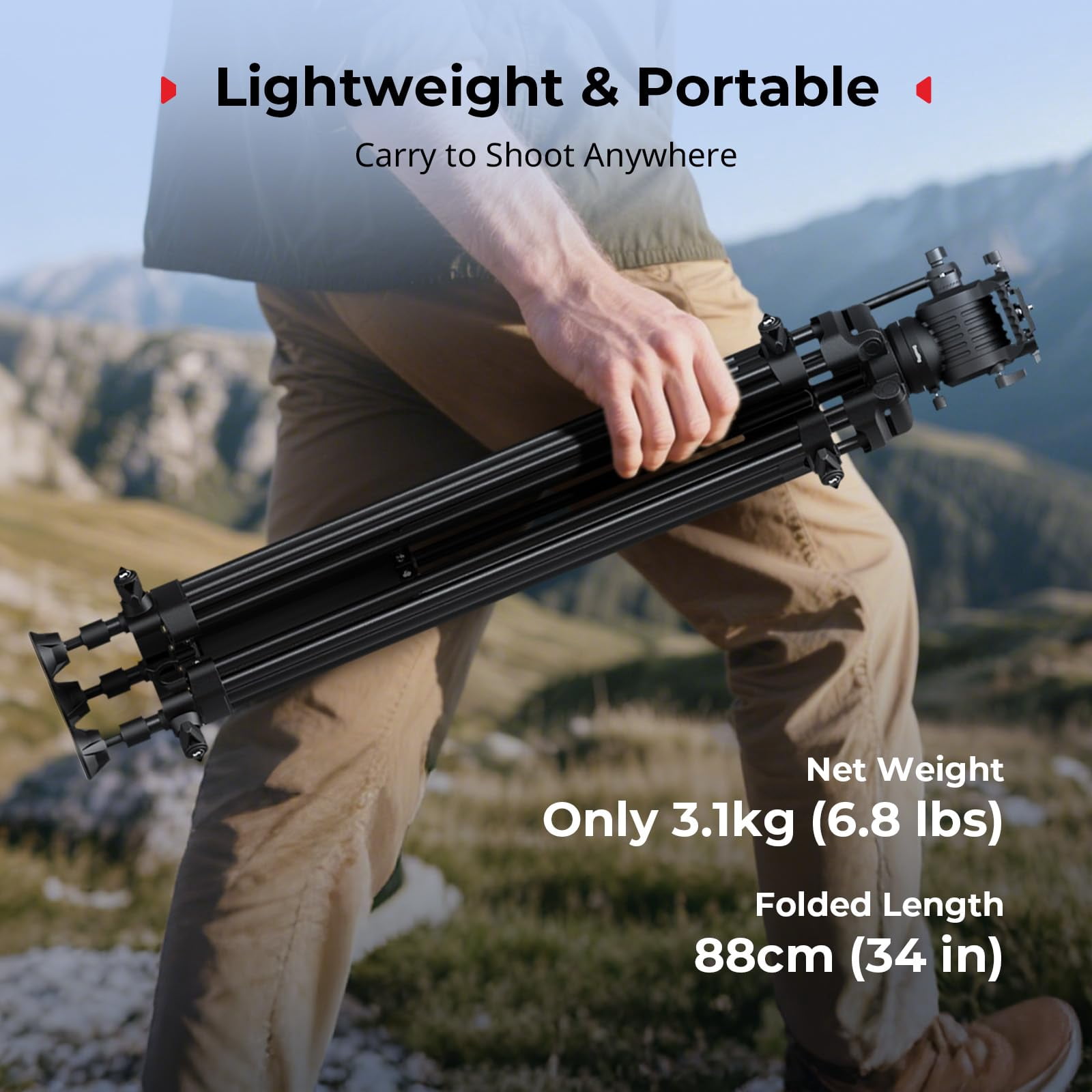 73''/186cm Heavy Duty Aluminum Alloy Video Tripod  Max Load 8kg (18lbs) Fluid Head With +85° To -78 Tilt Range Compact Travel Weight 3.1kg(6.8lbs) Folded Height 88cm Ad-14-5440