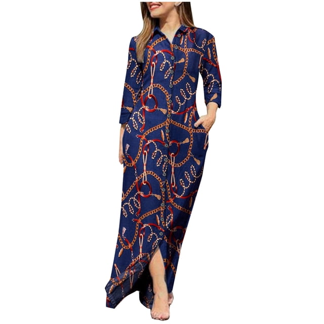 Chemises à Manches Longues pour Femmes Robe Maxi Imprimé Vintage Col Rabattu Boutonnée Robe Longue Décontractée avec Poches