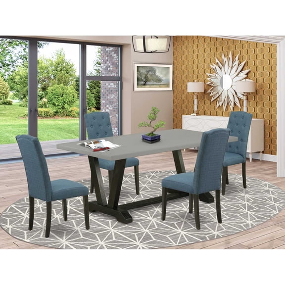 East West Furniture V697CE121-5 5-Pc Dining Room Table Set - 4 Dining Room Chairs and 1 Modern Cement Wooden Dining Table Top with Button Tufted Chair Back - Wire Brushed Black Finish