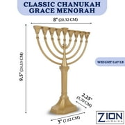 Traditional Graceful Style Menorah 9.5 Tall Non Tarnish - Precision Die Cast Classic Chanukah Candle Menora (Satin Gold) By Zion Judaica