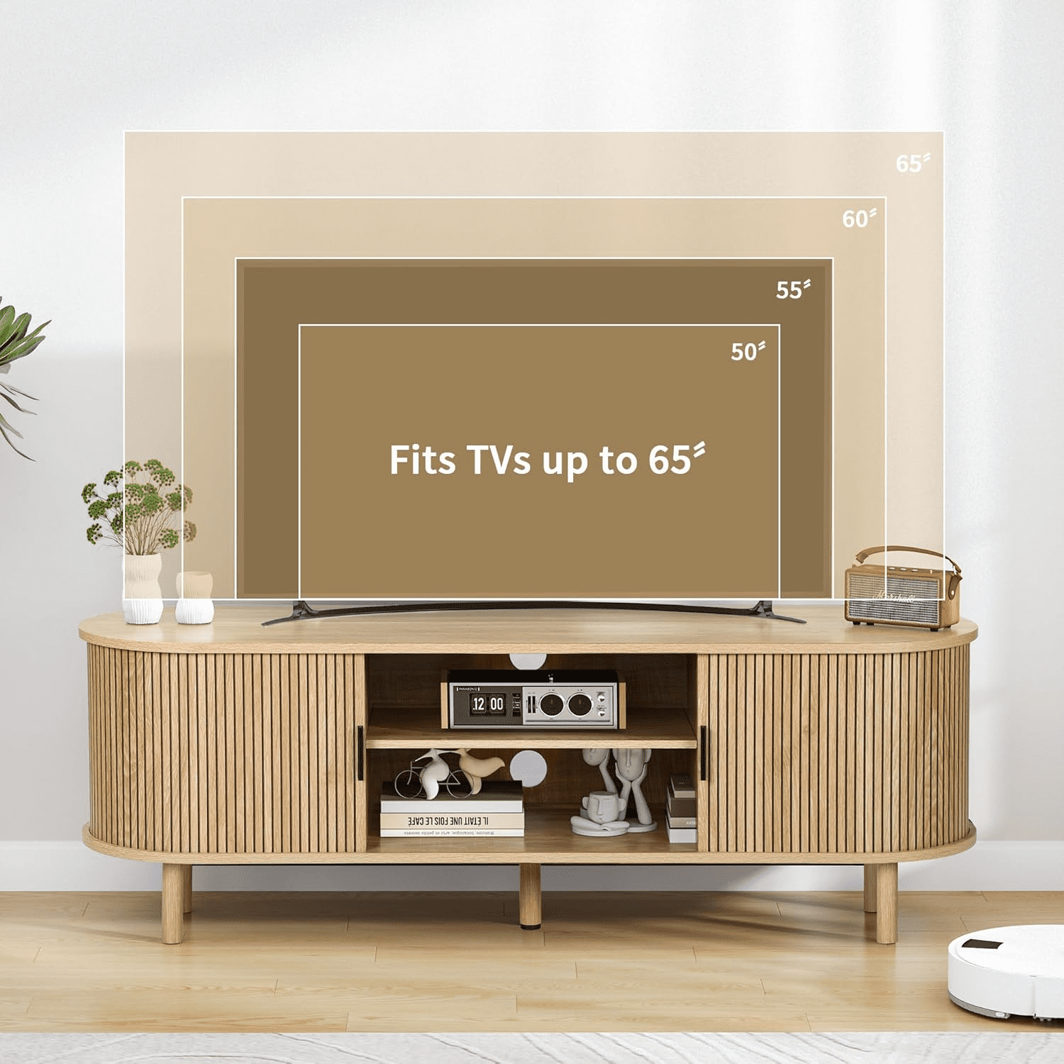 LEFHDA Tambour Door TV Stand, Mid Century Modern TV Cabinet and Entertainment Center, Modern TV Console Table for 65“ TV, Curved Edge Storage Cabinet (54" Oak)