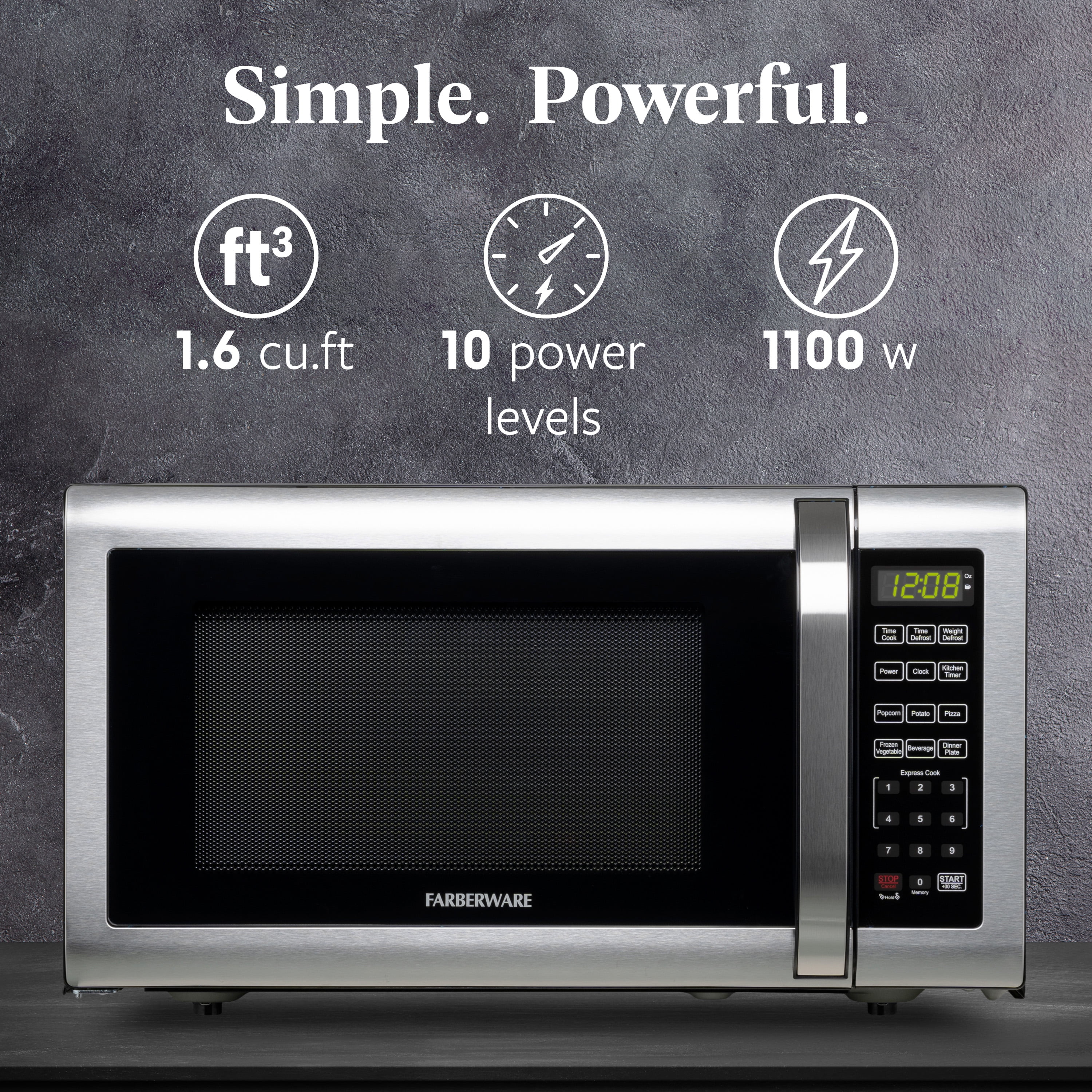 Farberware 1.6 Cu. Ft Countertop Microwave Oven, 1100 Watts, Stainless Steel