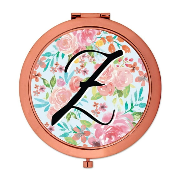 Koyal Wholesale Compact Mirror Bridesmaid's Wedding Gift, Rose Gold, Monogram Letter Z, Tea Party Pink Floral Flowers