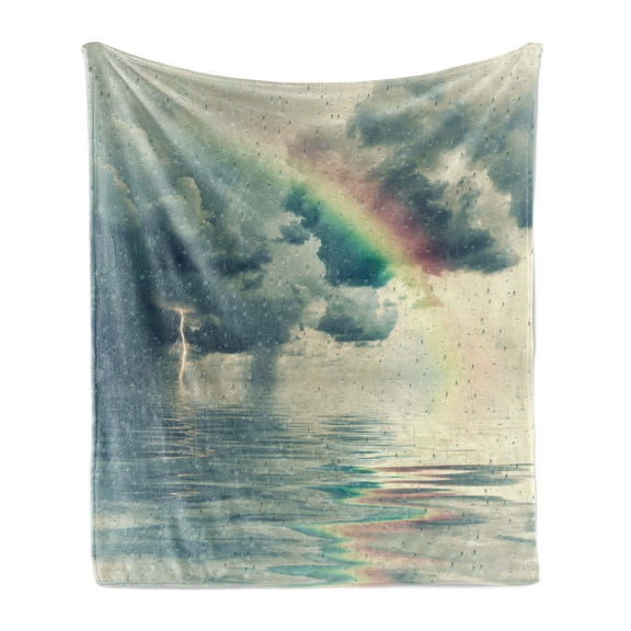 Rainy Soft Flannel Fleece Throw Blanket, Romantic Water Drops View Melancholia Rainbow and Thunderbolt on Overcast Sky Print, Cozy Plush for Indoor and Outdoor Use, 50" x 60", Teal Grey, by Ambesonne