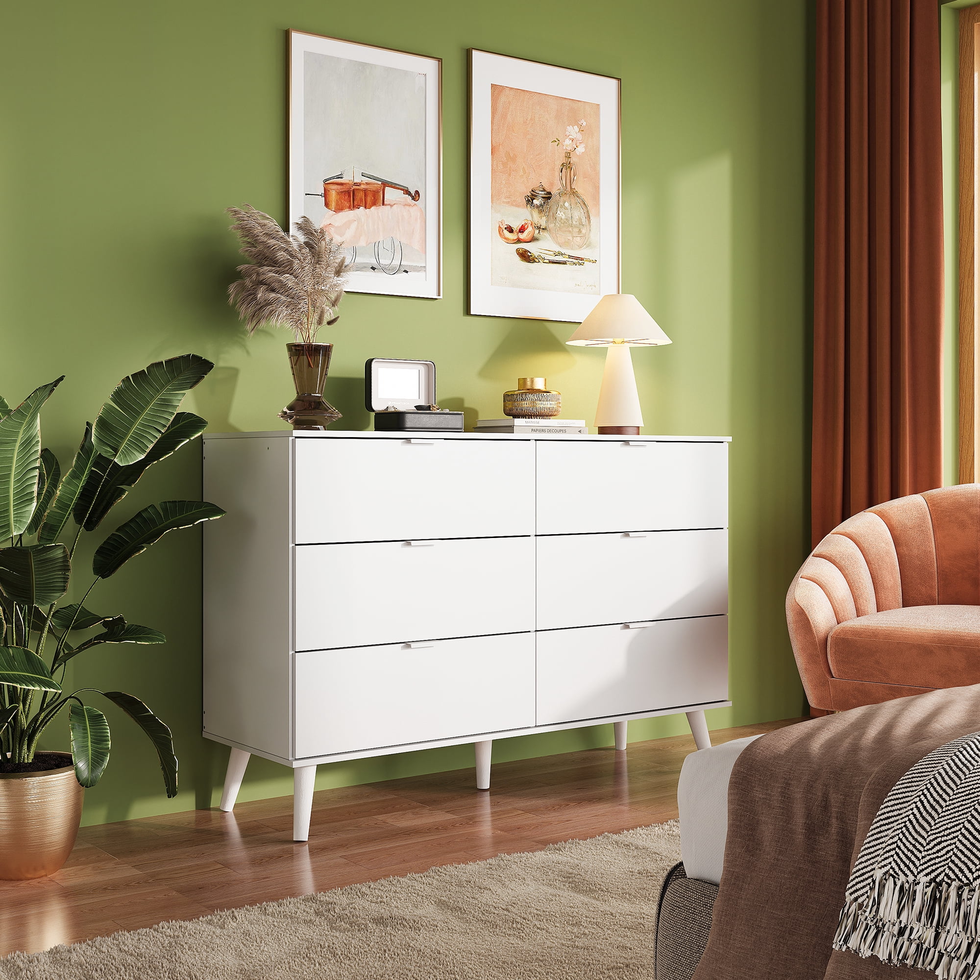 GALAXHERO 6 Drawer Wood Dresser, 47.2" Wide Chest of Drawer with Metal Handles, TV Stand for 55" TV, Double Dresser for Bedroom, Living Room, Hallway, Closet, White