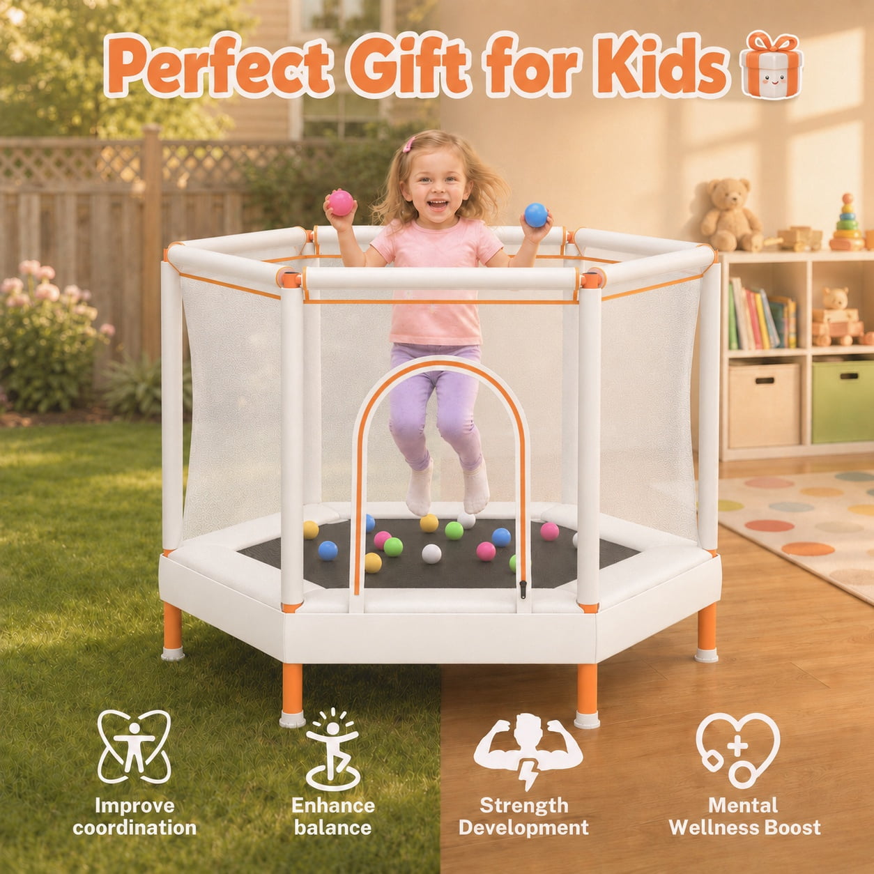 55" Toddler Trampoline with Enclosure Net & Ocean Balls, SHINPT Kids Trampoline for Toddlers Ages 3+, Indoor Trampoline with No Gap Design, Small Trampoline for Kids Room, Living Room, Ideal Gift